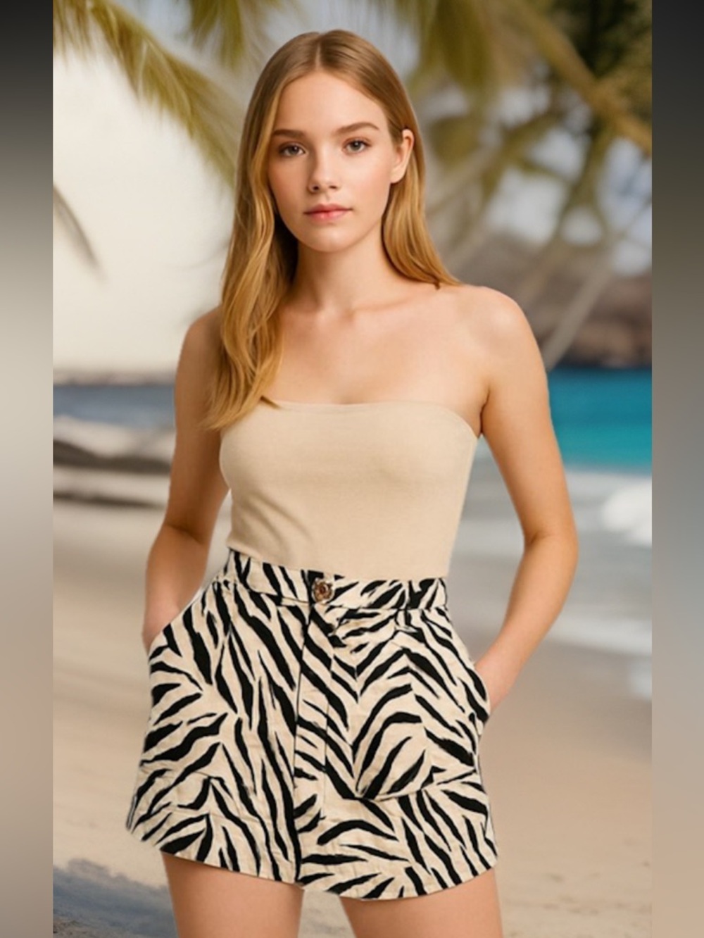 Cynthia Rowley Ivory & Brown 100% Lyocell Zebra Print Shorts Women’s Size 4 - Picture 3 of 14